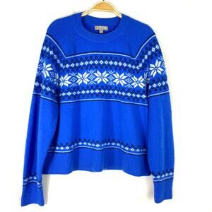 J. Crew Fair Isle Sweater Women L Blue Alpaca Merino Wool Blend Nordic Crewneck